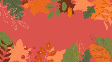 Balkabakları ve akçaağaç yapraklarıyla elle çizilmiş sonbahar arkaplanı, kırmızı arka planda sonbahar vektör illüstrasyonuna hoş geldiniz.