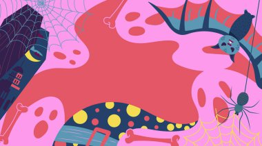 Cadılar Bayramı 'nın arka planında bir tabut, büyücü ve yarasa ve örümceklerin hayaletleri var..