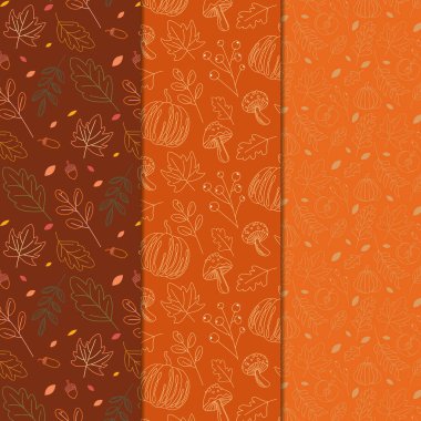 Elle çizilmiş sonbahar akçaağaç yaprakları, meşe yaprakları, mantarlar dikişsiz desen, sonbahar renkli vektör desen serisi.