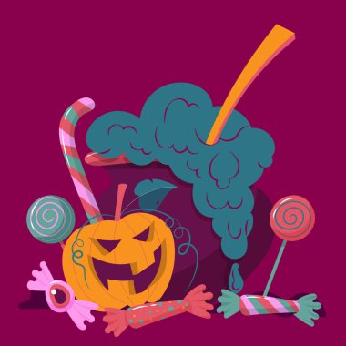 Sihirli bir iksir, balkabağı ve şekerin yer aldığı bir Cadılar Bayramı resmi.