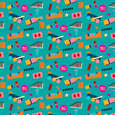 Koyu yeşil arka planda çok renkli geometrik şekillere sahip vektörsüz desen. Retro soyut sanat baskısı, moda 80 'ler-90. Memphis tarzı tasarım.