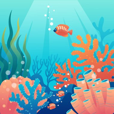 Balıklar, mercanlar, süngerler ve deniz yosunlarıyla okyanus koruma illüstrasyonu.