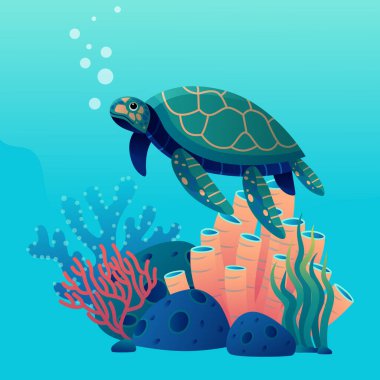 Mercan resiflerinde, mercanlarda ve deniz tabanında yüzen bir deniz kaplumbağası, deniz çevresinin korunması için bir örnektir..