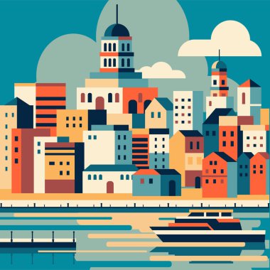 Stylize şehir manzarası ve Cruise, Avrupa 'nın eski renkli şehir seyahati illüstrasyonu.