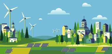 Minimalist geometrik eko ve yeşil enerji kavramı şehir peyzaj vektör çizimi binalar, tepeler, ağaçlar, güneş panelleri ve rüzgar türbinleri soyut yatay afiş ve arka plan