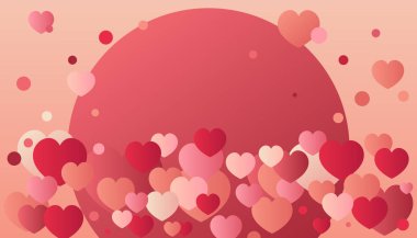 Farklı boyutlarda birden fazla kırmızı, pembe ve beyaz kalplerin vektör illüstrasyonu pembe eğimli arkaplanda yukarı doğru uçuyor.