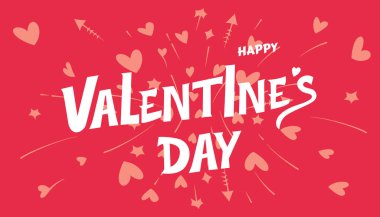 Sevgililer Günü el yazısı kaligrafi tasarımı, kalpler, oklar, yıldızlar dinamik arkaplan çizimi.