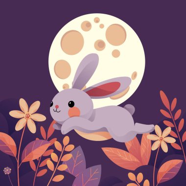 Küçük bir tavşan mutlu bir şekilde ayın önünde koşar, sonbahar ortası festivalini kutlayan bir resim.