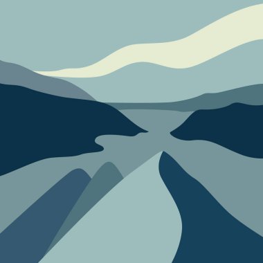 Minimalist, soyut bir manzara çizimi çağdaş bir sanat tarzında, doğa manzarasıyla mavi tonlarda çizilmiş.