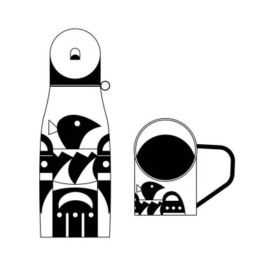 Beyaz arka planda izole edilmiş, kamp malzemesi illüstrasyonlu Amerikan yerlileri desenleriyle dekore edilmiş bir su şişesi ve kupa.