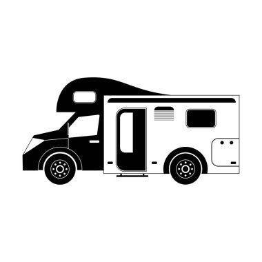 Kamp aracı beyaz arka planda izole edilmiş, monokrom tarzı, kamp vites çizimi