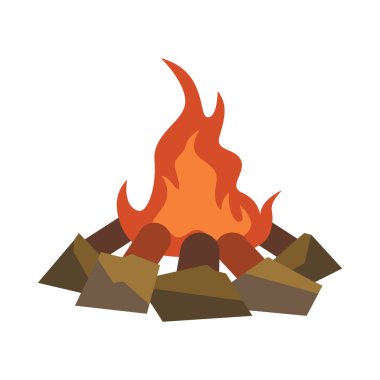 Beyaz arka planda izole edilmiş kayalarla çevrili bir kamp ateşi. Kamp malzemeleri illüstrasyonu.