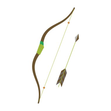 Beyaz arka planda izole edilmiş geleneksel yay ve ok, kamp vites çizimi