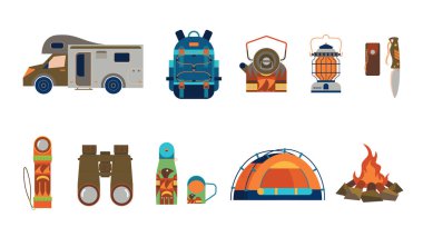 Kamp ateşi, sırt çantası, kamp minibüsü, çadır ve diğer kamp malzemelerinin örneklerini topluyoruz.
