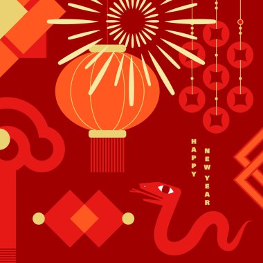 Çin Yeni Yılan Yılı 'nı kutlayan bir ilüzyon, geleneksel Çin kültürel unsurları ile minimalist bir dekoratif stil sunuyor.