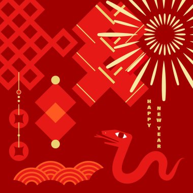 Çin Yeni Yılan Yılı 'nı kutlayan bir ilüzyon, geleneksel Çin kültürel unsurları ile minimalist bir dekoratif stil sunuyor.