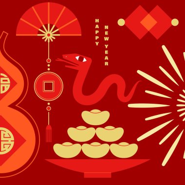 Çin Yeni Yılan Yılı 'nı kutlayan bir ilüzyon, geleneksel Çin kültürel unsurları ile minimalist bir dekoratif stil sunuyor.