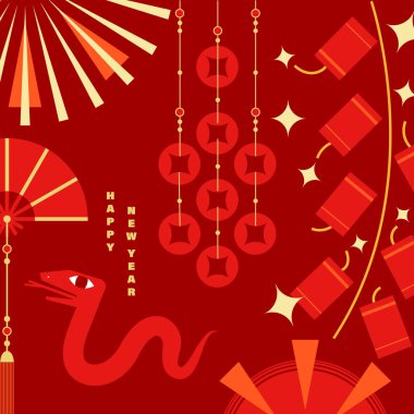 Çin Yeni Yılan Yılı 'nı kutlayan bir ilüzyon, geleneksel Çin kültürel unsurları ile minimalist bir dekoratif stil sunuyor.