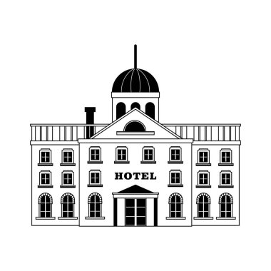 Retro tarzı otel binası. Seyahat temalı vektör illüstrasyon ögeleri