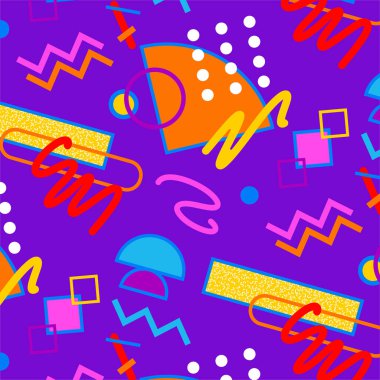 Çeşitli Geometrik Şekillerden oluşmuş Memphis Biçiminde Kusursuz Desen.