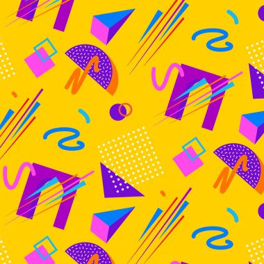 Çeşitli Geometrik Şekillerden oluşmuş Memphis Biçiminde Kusursuz Desen.