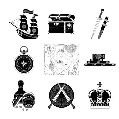 Hazine Haritası ve Hazine Avı Tasarım Elementleri Koleksiyonu. Monokrom stili.