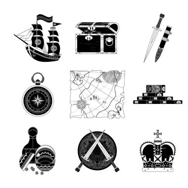 Hazine Haritası ve Hazine Avı Tasarım Elementleri Koleksiyonu. Monokrom stili.