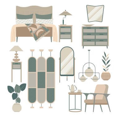 Bir İskandinav tarzı iç dekorasyon ve mobilya vektör çizimleri koleksiyonu