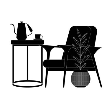 İskandinav tarzı iç dekorasyon ve mobilyaların monokrom vektör çizimi