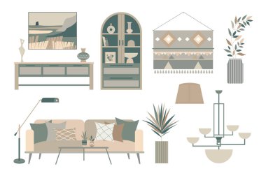 Bir İskandinav tarzı iç dekorasyon ve mobilya vektör çizimleri koleksiyonu