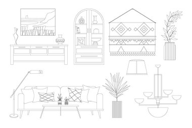 İskandinav tarzı iç dekorasyon ve mobilya vektör çizimleri koleksiyonu