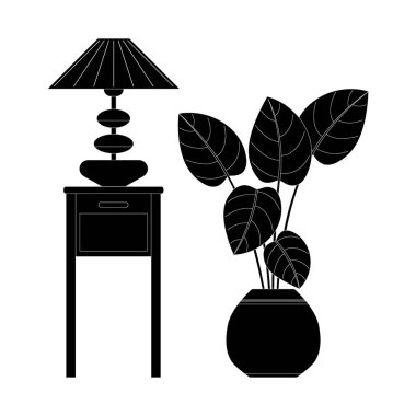 İskandinav tarzı iç dekorasyon ve mobilyaların monokrom vektör çizimi