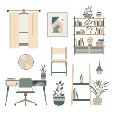 İskandinav tarzı iç dekorasyon ve mobilya vektör illüstrasyonu