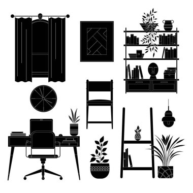 Monokrom İskandinav tarzı iç dekorasyon ve mobilya vektör çizimleri koleksiyonu