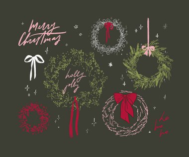 Klas el çizimi zarif Noel çizgisi sanat çelenkleri koleksiyonu. Fiyonklu şık minimalist organik çizim çelenkleri. Kırmızı yeşil pembe modern coquette tatil sezonu çizimleri.