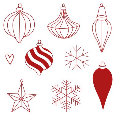Noel ağacı süslemeleri koleksiyonu ve çizgi halinde kar taneleri karalama tarzı ve kırmızı renk. Vektör çizimi. Ürün tasarımı veya tebrik kartları, poster veya tekstil için mükemmel