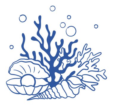 Akdeniz tarzında kabuk, inci, mercan ve baloncuklu el yapımı grafik mavi çizgisi. Poster veya kart, tekstil veya ürün tasarımı