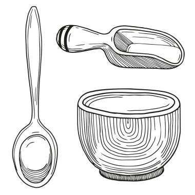 Elle çizilmiş ahşap kâse ve baharatlar için ölçü kaşıkları, detaylı mutfak aletleri taslağı. Ürün tasarımı, tekstil veya ağ