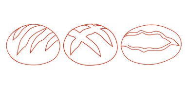 Beyaz arka planda izole edilmiş modern sanat tarzında el yapımı ekmek somunları koleksiyonu. Vektör çizimi. Ürün tasarımı, menü veya kartlar için