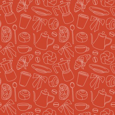 Kahve ekipmanları ve kahve dükkanları veya kahve dükkanları ve ambalajlar için kahvaltı malzemelerinden yapılmış el yapımı pürüzsüz desenler. Vektör illüstrasyonu.