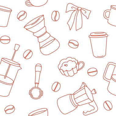 Kafe ya da kafe markalaştırma ve paketleme için kahve ekipmanından yapılmış el yapımı, pürüzsüz bir desen. Vektör illüstrasyonu.