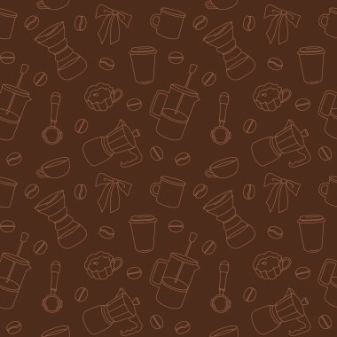 Kafe ya da kafe markalaştırma ve paketleme için kahve ekipmanından yapılmış el yapımı, pürüzsüz bir desen. Vektör illüstrasyonu.
