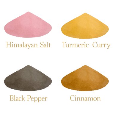 El yapımı suluboya tarçın, zerdeçal ya da köri, karabiber ve ambalaj için Himalaya pembe tuz çizimleri. Kozmetik veya gıda ürünleri için tasarım veya kimlik