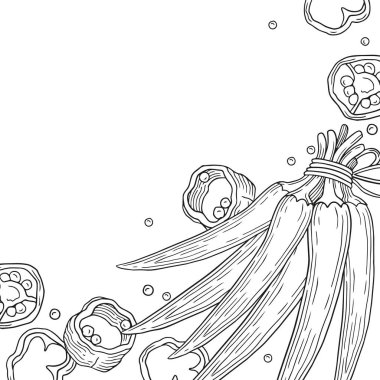 El yapımı bir demet taze kırmızı biberden yapılmış. Halat ve fiyonk, çili tohumu ve çizim tarzında dilimler. Ürün tasarımı, markalaşma, malzemeler için