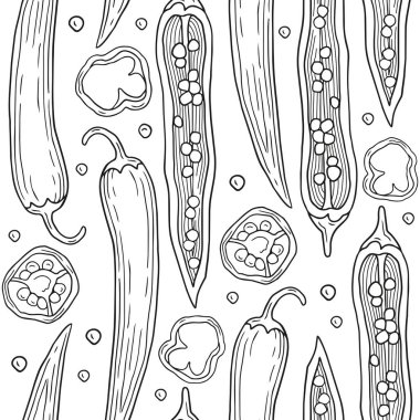Dilimlenmiş kırmızı biberden, acı biberden ve malzeme veya ürün tasarımı için dilimlenmiş çizimlerden elle çizilmiş kusursuz desen. Ürün tasarımı, markalaşma, tekstil, menü kapağı için