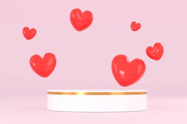 3 boyutlu kalp şeklinde bir kutu, kurdeleli ve pembe arka planda pembe bir kalp. Sevgililer Günü konsepti.