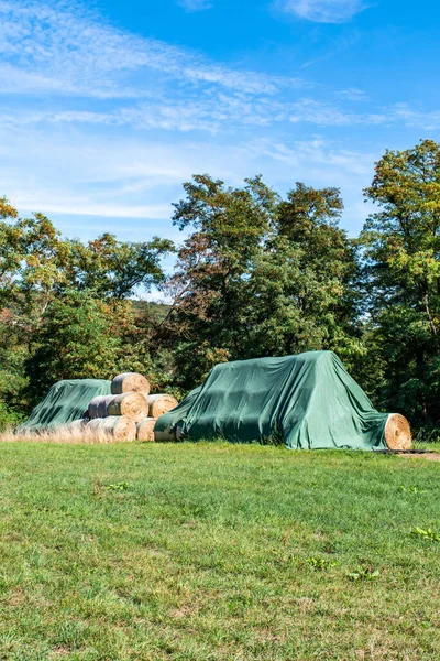 Geoogste akkerbouw met overdekte stapels strobalen in de zomer Duitsland bij Andernach Duitsland — Stockfoto