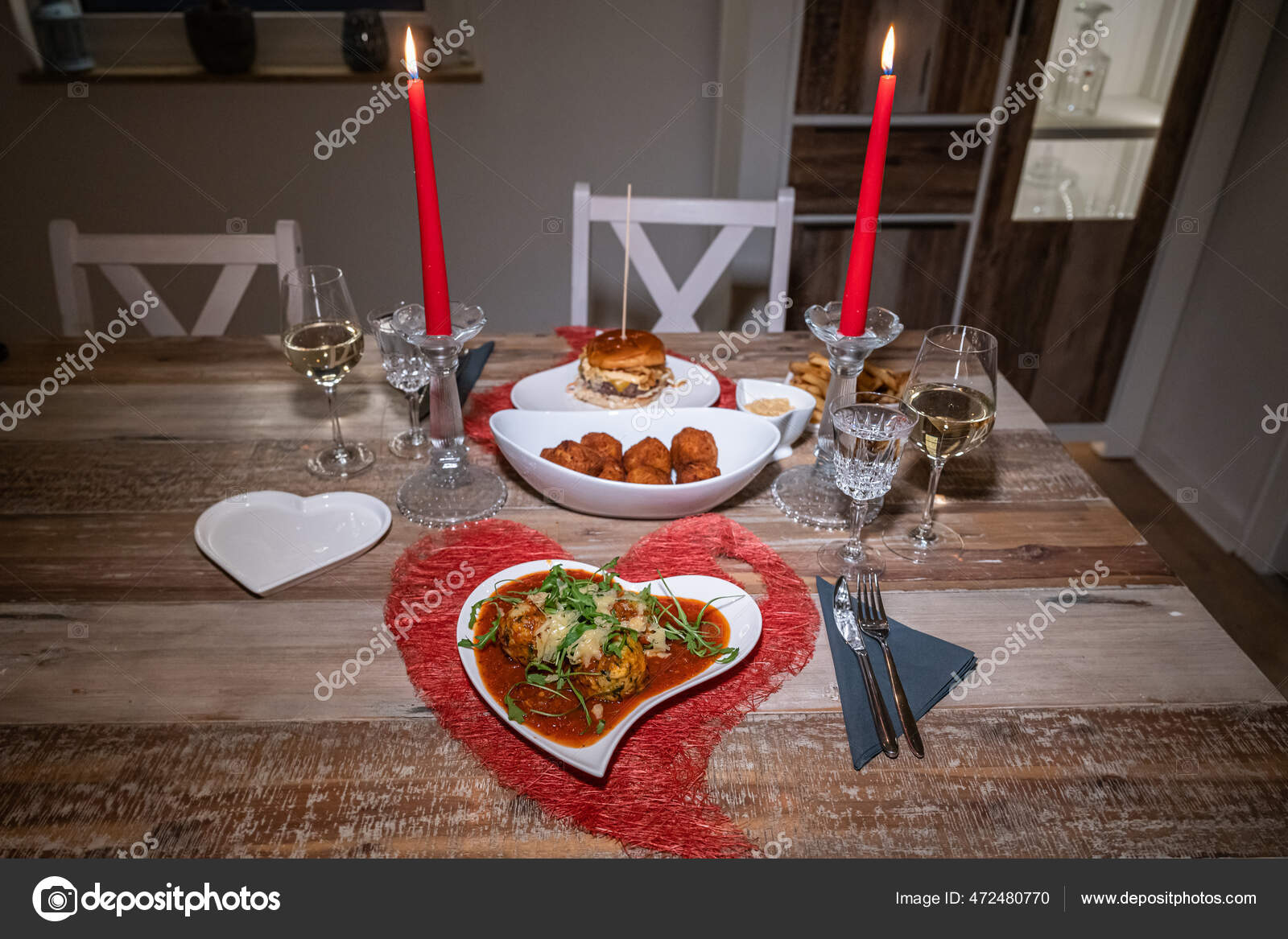 Valentines day dinner setting romantic love for two wooden table