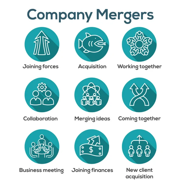 Companies Merging Together One Buying Out Other Icon Set Banner — Stock Vector