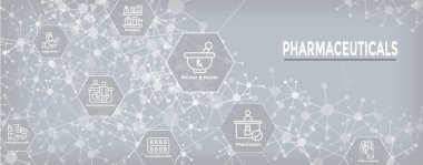 Eczacılık & ilaç simgesi web başlığı pankartı ile ayarlandı